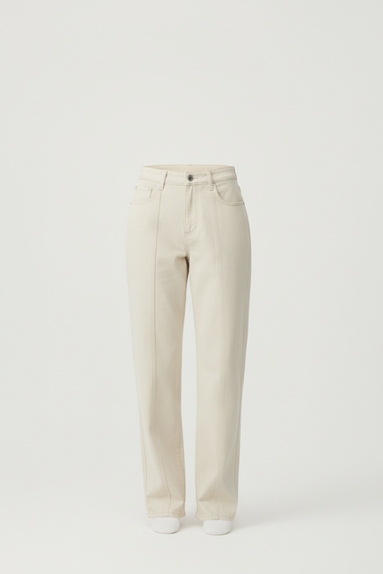 Pantalon Beige Droit Décontracté Taille Haute Coton - vue 3