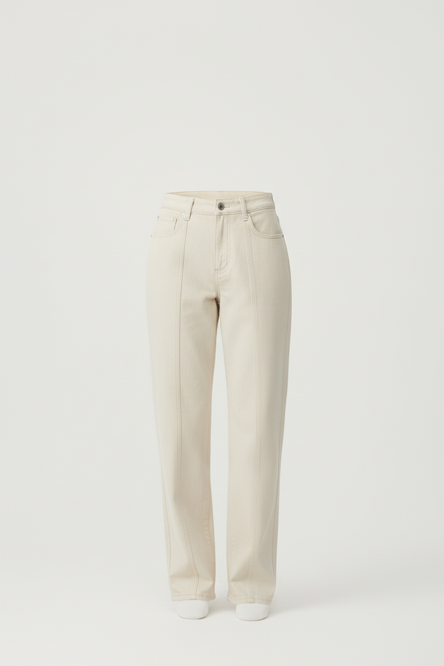 Pantalon Beige Droit Décontracté Taille Haute Coton - vue 3
