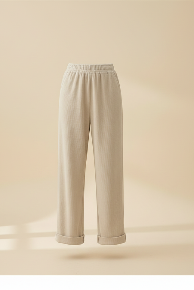 Pantalon Beige Côtelé Large Élastique Décontracté Hiver - Cordé - vue 3