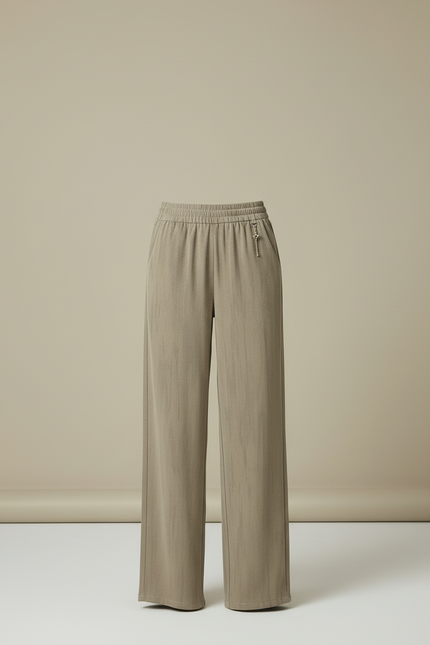 Pantalon Beige Fluide Ample Taille Élastique Confortable - Kaki Viscose - vue 3