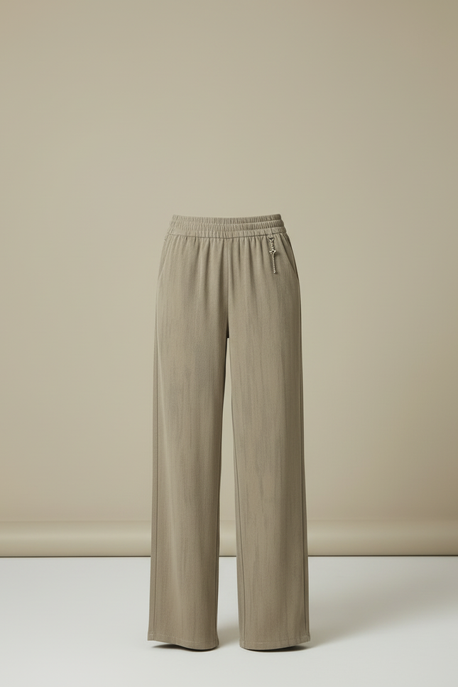 Pantalon Beige Fluide Ample Taille Élastique Confortable - Kaki Viscose - vue 3