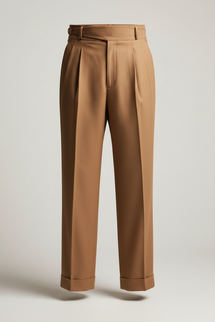Pantalon Beige Plissé Élégant Homme Laine Droit - Camel - vue 3