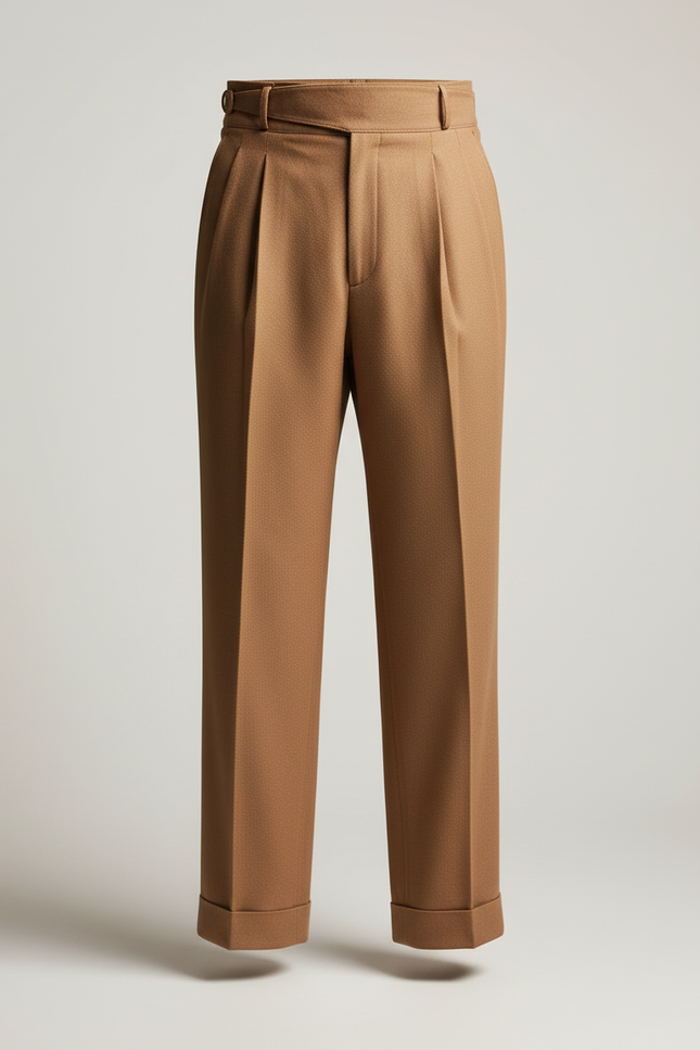 Pantalon Beige Plissé Élégant Homme Laine Droit - Camel - vue 3