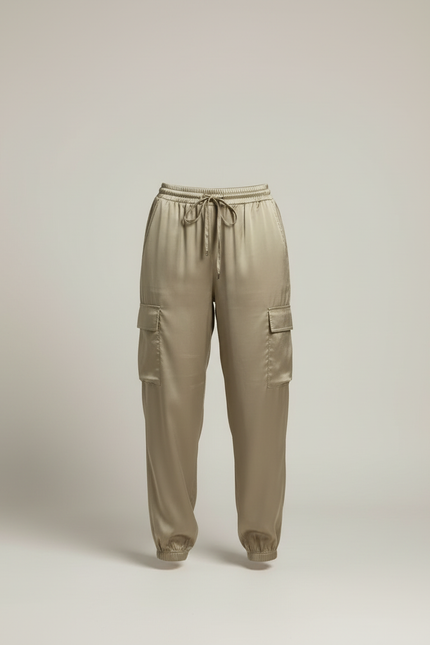 Pantalon Beige Satin Cargo Fluide Élégant - Kaki - vue 3