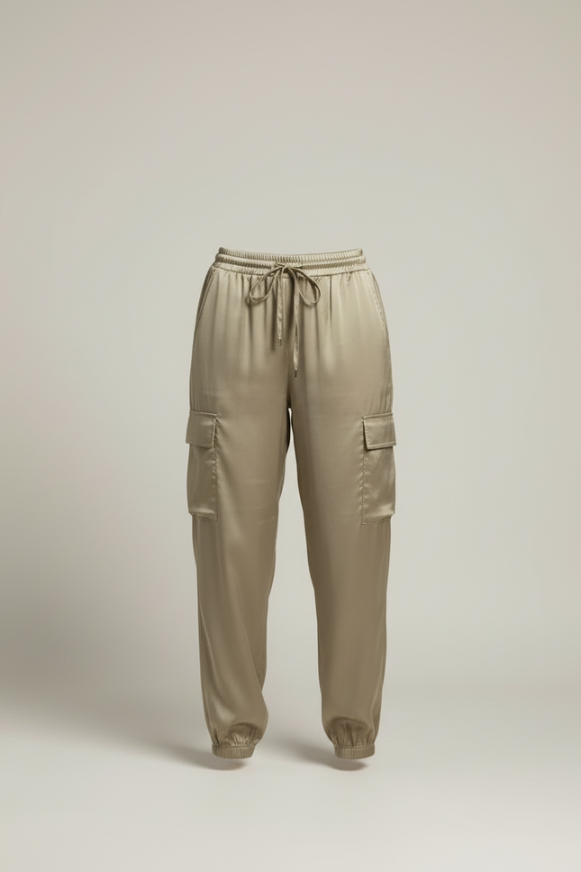 Pantalon Beige Satin Cargo Fluide Élégant - Kaki - vue 3