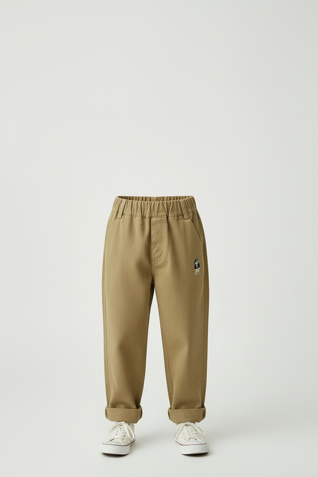 Pantalon Beige Enfant Brodé Casual Coton Ample - Kaki Toile - vue 3
