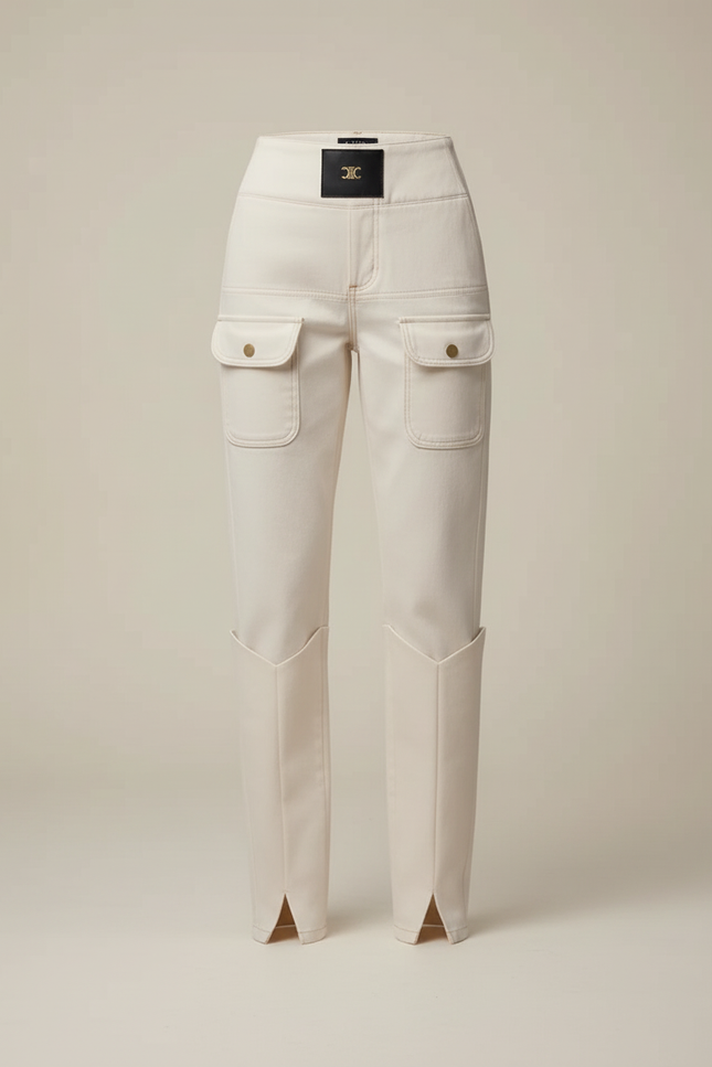 Pantalon Beige Cargo Taille Haute Coupe Droite - Toile - vue 3