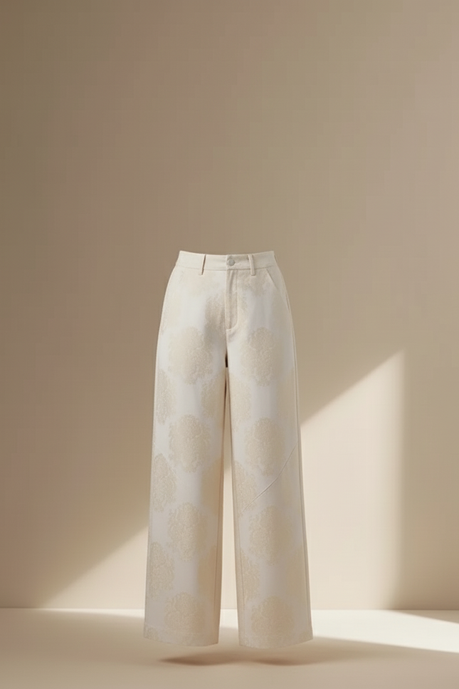 Pantalon Beige Jacquard Ample Taille Haute Élégant - Polyester - vue 3