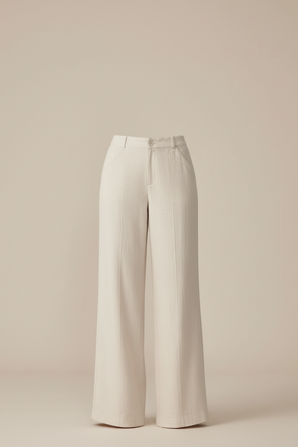 Pantalon Beige Lin Ample Taille Haute Droit Élégant - vue 3