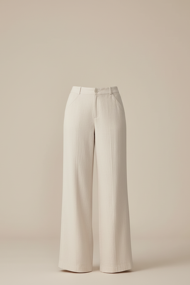 Pantalon Beige Lin Ample Taille Haute Droit Élégant - vue 3
