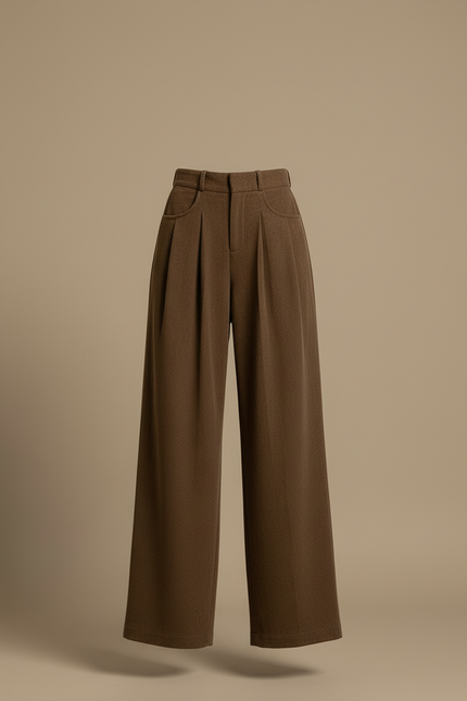 Pantalon Beige Large Plissé Droit Décontracté Femme - Marron Laine - vue 3
