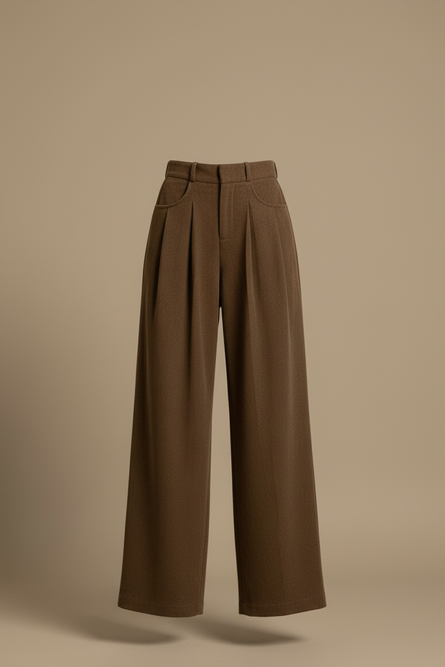 Pantalon Beige Large Plissé Droit Décontracté Femme - Marron Laine - vue 3