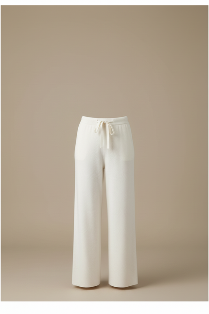 Pantalon Beige Tricoté Ample Taille Haute Confortable - Blanc Maille - vue 3
