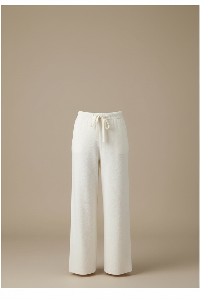 Pantalon Beige Tricoté Ample Taille Haute Confortable - Blanc Maille - vue 3