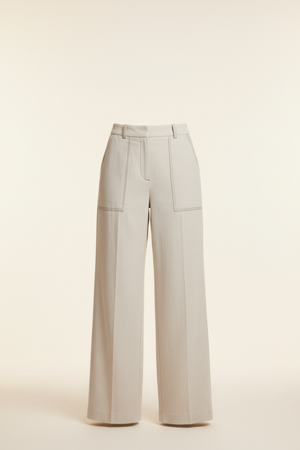Pantalon Beige Large Taille Haute Couture Apparente - Gabardine - vue 3