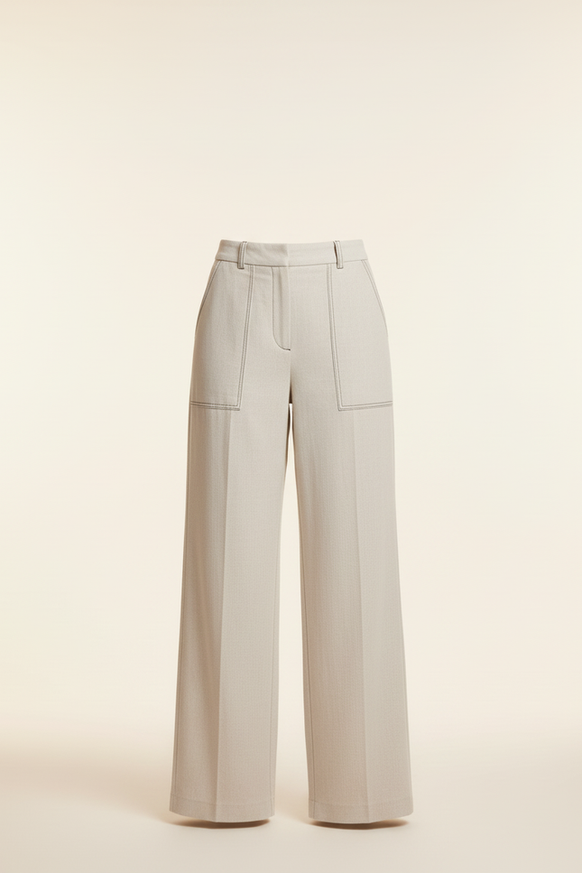 Pantalon Beige Large Taille Haute Couture Apparente - Gabardine - vue 3