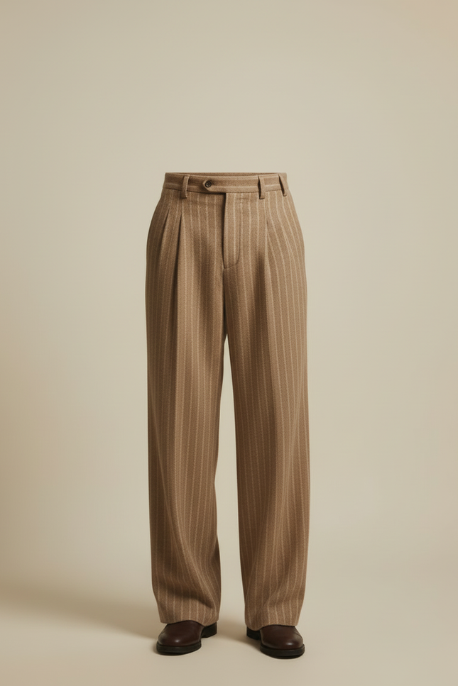 Pantalon Beige Rayé Ample Plissé Élégant Homme - Laine - vue 3