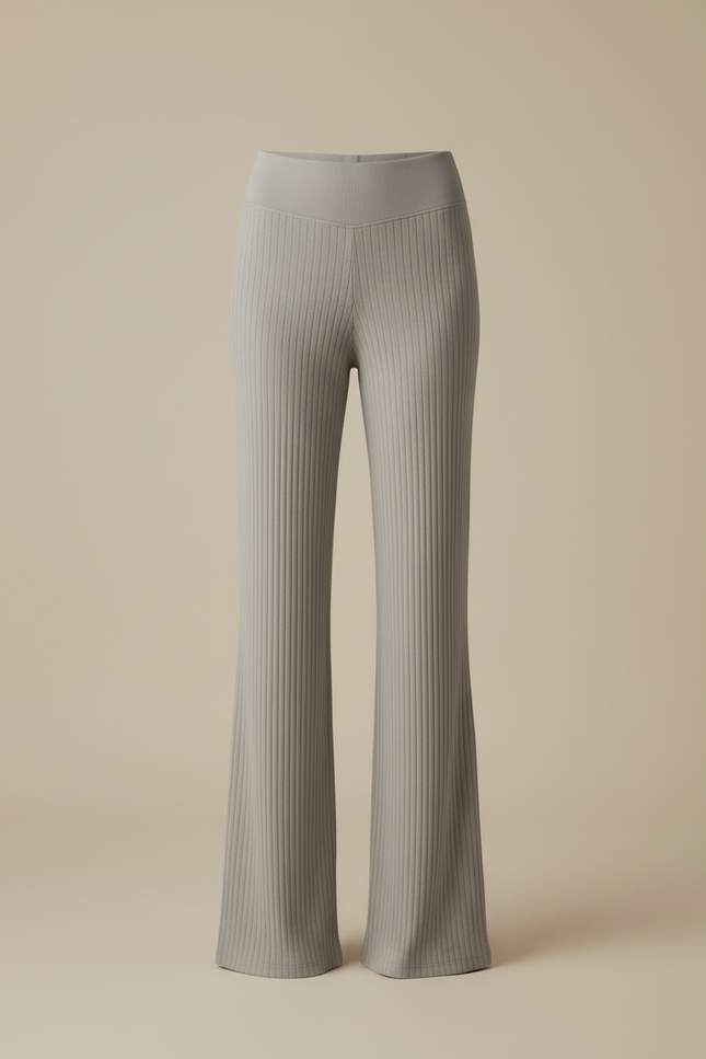 Pantalon Beige Côtelé Évasé Taille Haute Confortable - Gris Maille - vue 3
