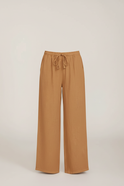 Pantalon Beige Lin Ample Décontracté Fluide Élastique - vue 3
