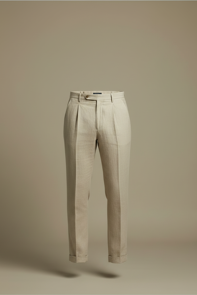 Pantalon Beige Droit Plissé Lin Homme Élégant Léger - vue 3