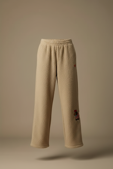 Pantalon Beige Polaire Brodé Chien Ample Décontracté - Polyester - vue 3