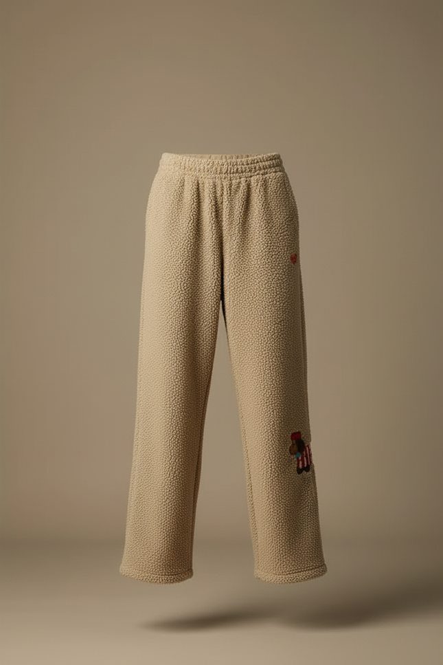 Pantalon Beige Polaire Brodé Chien Ample Décontracté - Polyester - vue 3