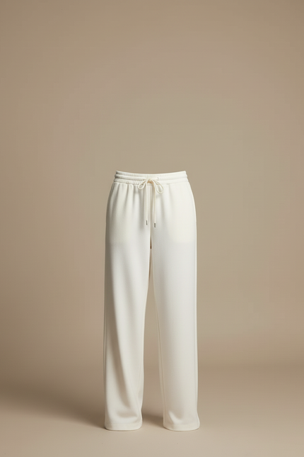 Pantalon Beige Fluide Ample Taille Haute Décontracté Femme - Blanc Maille - vue 3