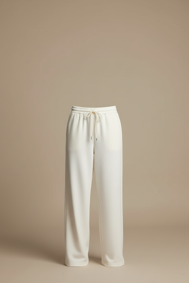 Pantalon Beige Fluide Ample Taille Haute Décontracté Femme - Blanc Maille - vue 3