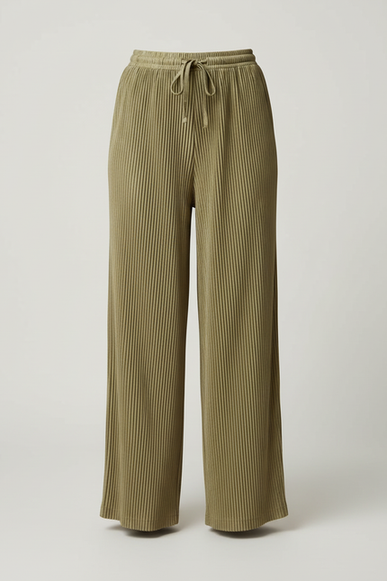 Pantalon Beige Plissé Ample Fluide Côtelé Femme - Kaki Cordé - vue 3