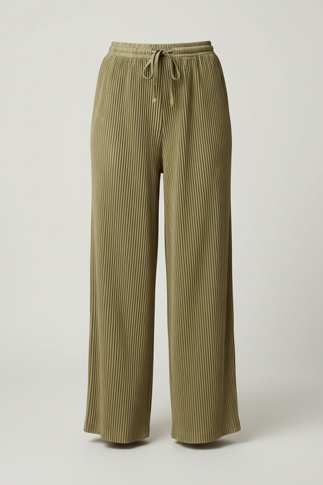 Pantalon Beige Plissé Ample Fluide Côtelé Femme - Kaki Cordé - vue 3