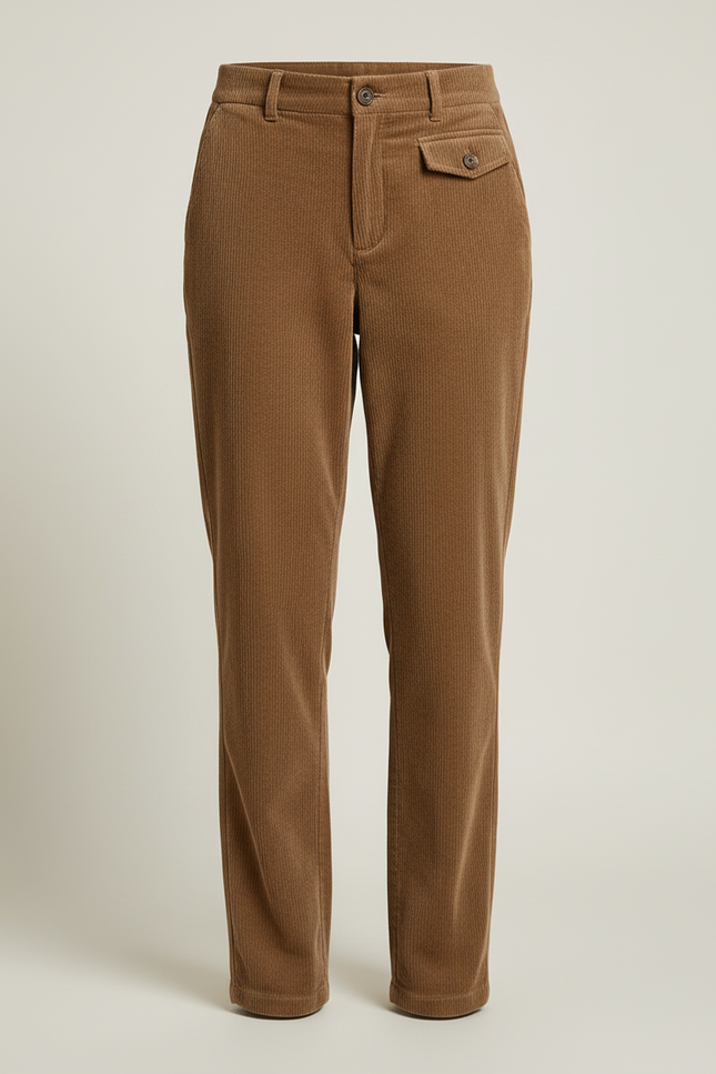 Pantalon Beige Côtelé Droit Taille Haute Élégant - Marron Cordé - vue 3