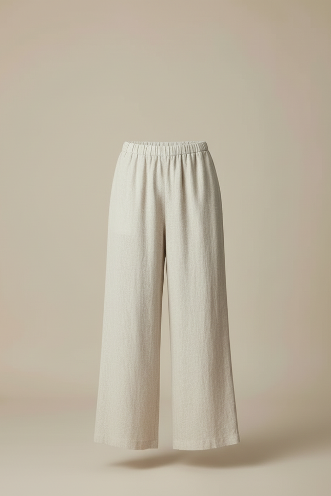 Pantalon Beige Lin Ample Taille Haute Décontracté Femme - vue 3