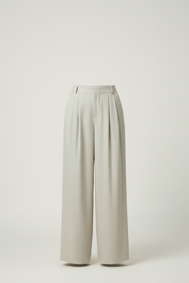 Pantalon Beige Fluide Ample Taille Haute Plissé Discret - Gris Viscose - vue 3