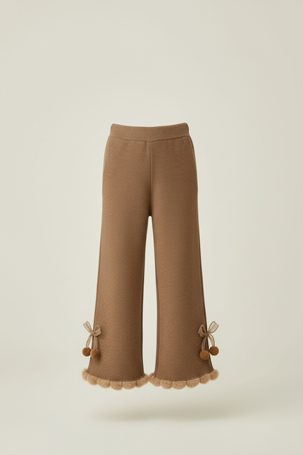Pantalon Beige Tricoté Évasé Pompons Enfant Fille Doux - Maille - vue 3