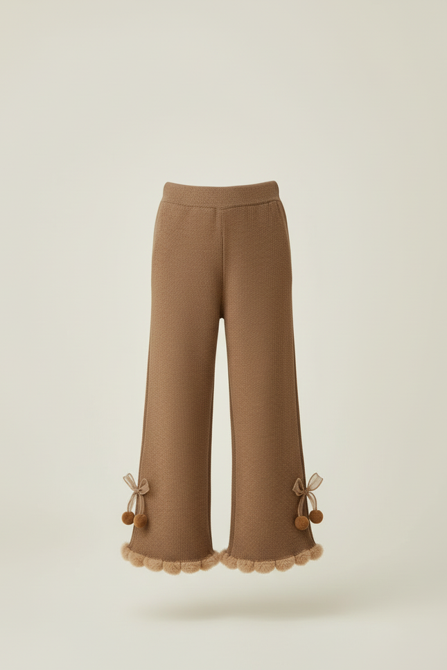 Pantalon Beige Tricoté Évasé Pompons Enfant Fille Doux - Maille - vue 3