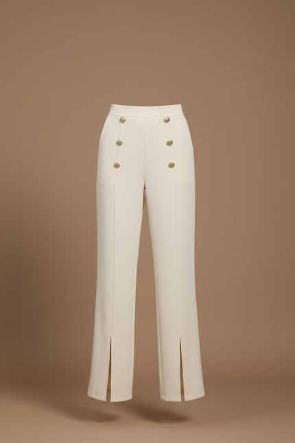 Pantalon Beige Taille Haute Boutons Dorés Fentes - Polyester - vue 3