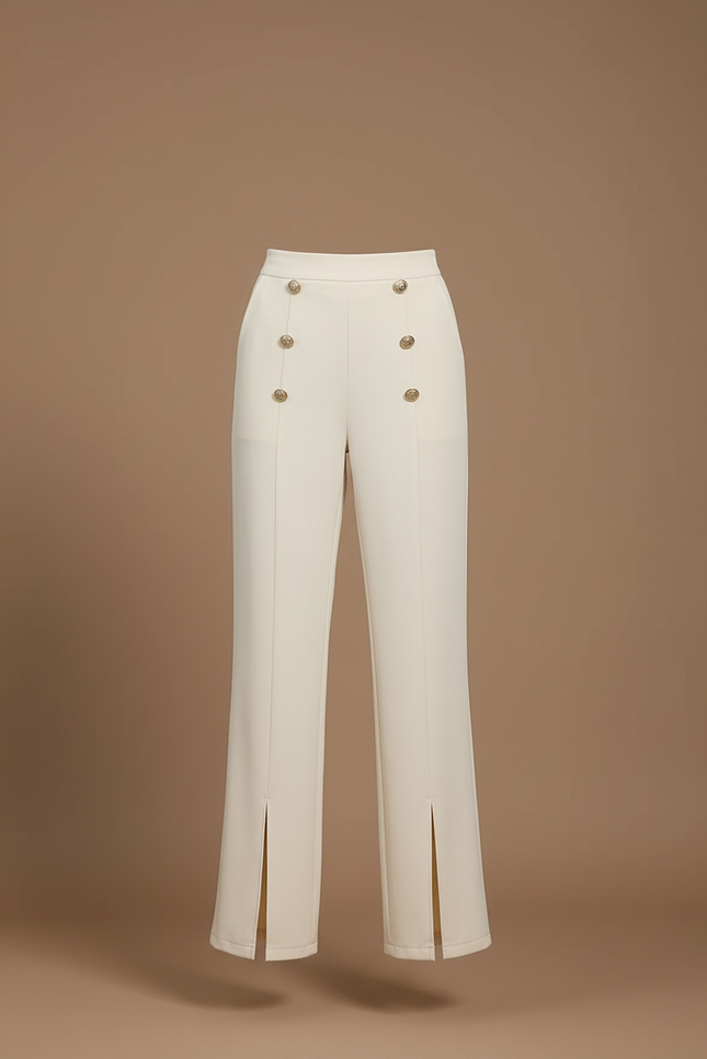 Pantalon Beige Taille Haute Boutons Dorés Fentes - Polyester - vue 3