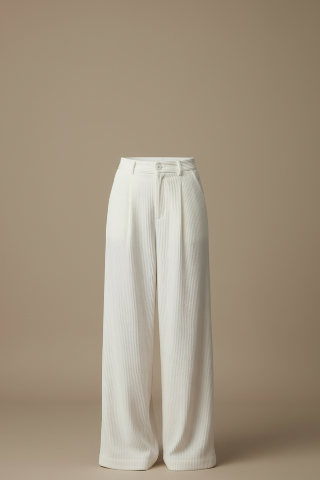 Pantalon Beige Côtelé Ample Plissé Droit Femme - Blanc Cordé - vue 3