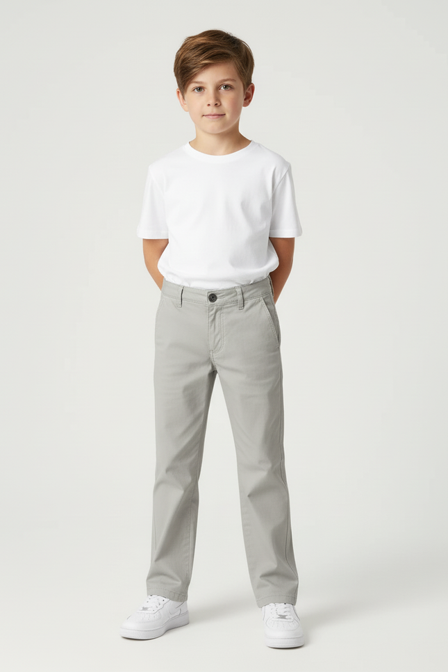 Pantalon Beige Droit Coton Décontracté Enfant - Gris Gabardine - vue 3