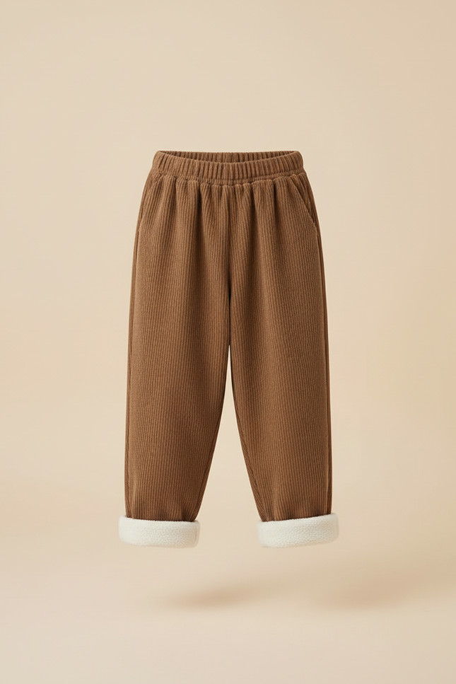 Pantalon Beige Côtelé Ample Molletonné Enfant Hiver - Marron Cordé - vue 3