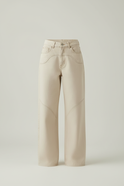 Pantalon Beige Jean Large Taille Haute Décontracté - vue 3