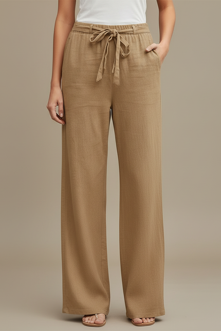 Pantalon Beige Lin Ample Décontracté Femme Fluide - Camel - vue 3