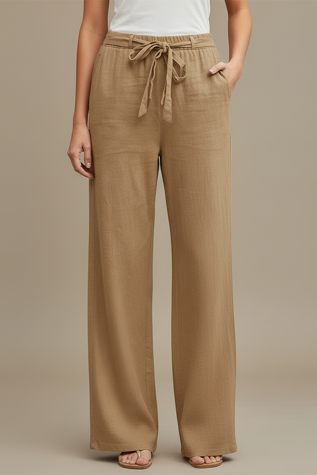Pantalon Beige Lin Ample Décontracté Femme Fluide - Camel - vue 3