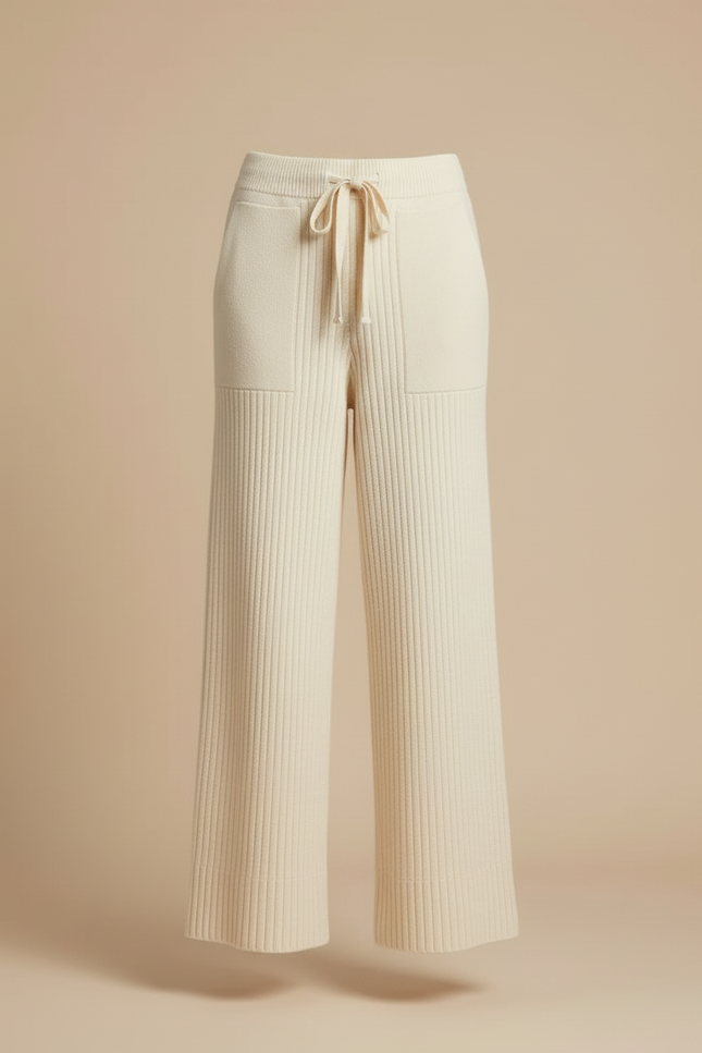 Pantalon Beige Tricoté Côtelé Ample Décontracté Fluide - Maille - vue 3