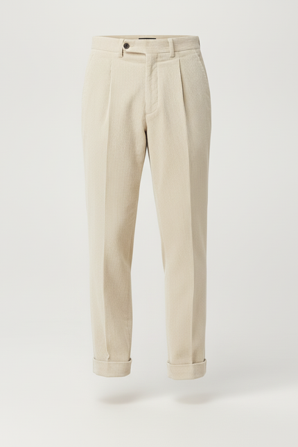 Pantalon Beige Côtelé Plissé Droit Élégant Homme - Cordé - vue 3