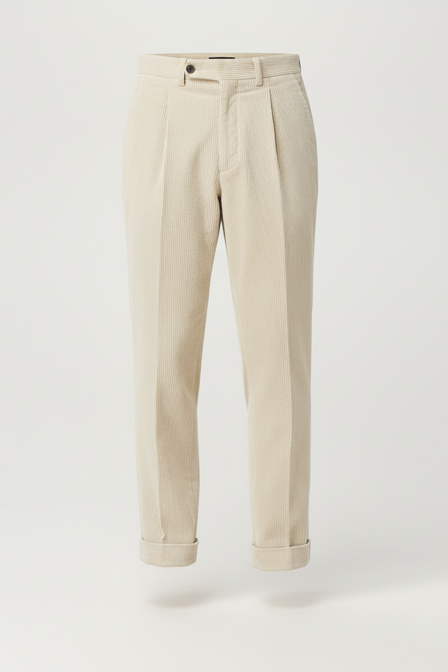 Pantalon Beige Côtelé Plissé Droit Élégant Homme - Cordé - vue 3