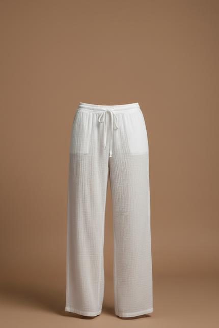 Pantalon Beige Fluide Ample Cordon Décontracté Femme - Blanc Coton - vue 3