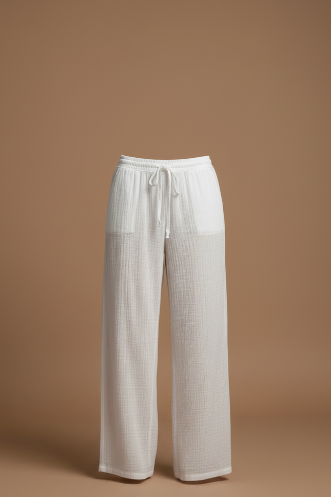 Pantalon Beige Fluide Ample Cordon Décontracté Femme - Blanc Coton - vue 3