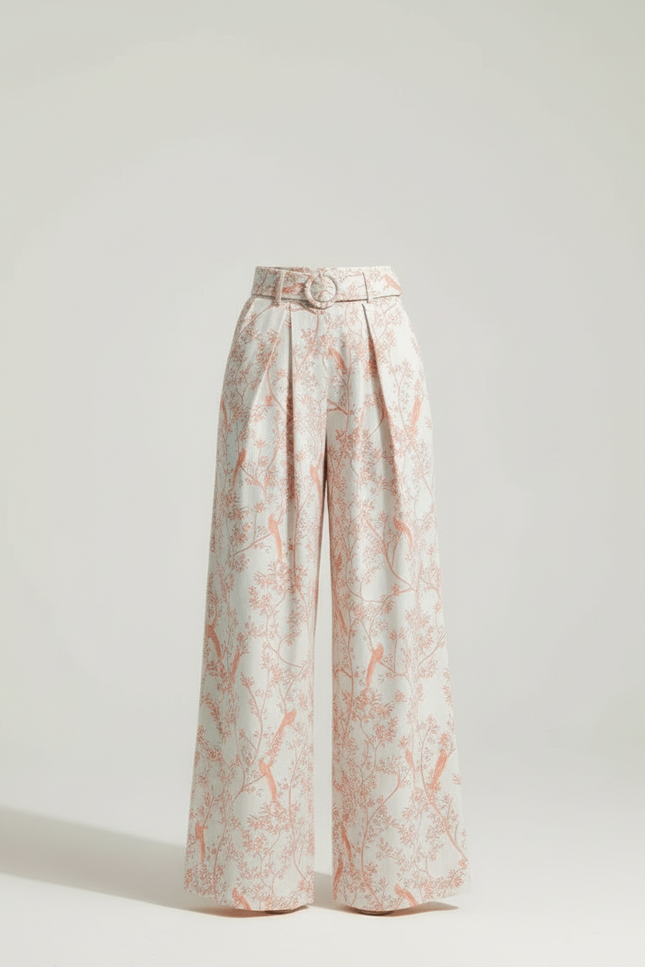 Pantalon Beige Imprimé Floral Fluide Taille Haute - Lin - vue 3