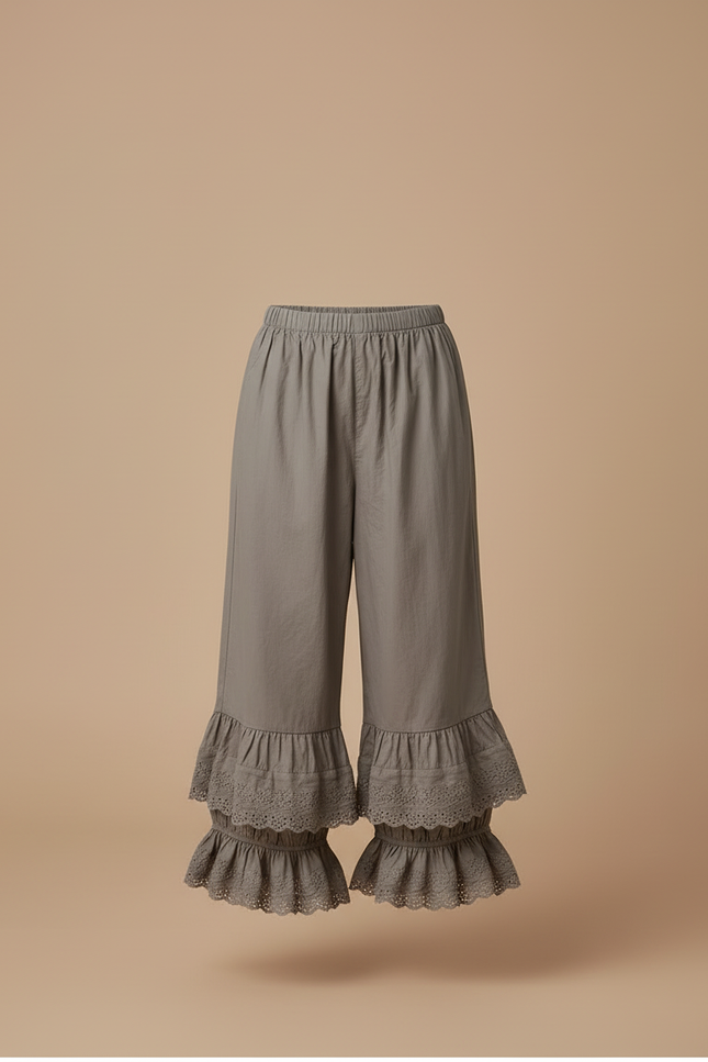Pantalon Beige Ample Volants Dentelle Coton Enfant - Kaki - vue 3